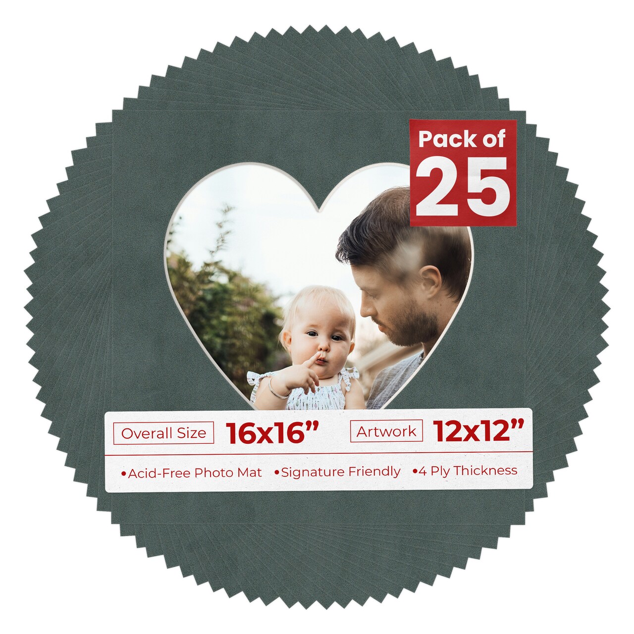 Dark Grey Suede Mat Board for 16x16 Frames - Heart Opening for 12x12 Photos